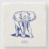 Monogramed Cute Navy Blue Elephant Line Drawing Stenen Onderzetter (Voorkant)
