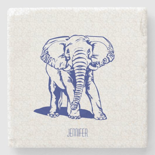 Monogramed Cute Navy Blue Elephant Line Drawing Stenen Onderzetter (Voorkant)