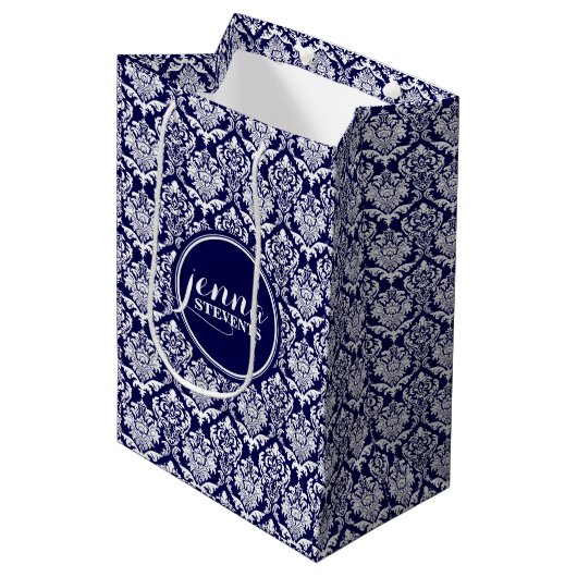 Monogramed Dark Blue & White Damkers 3 Medium Cadeauzakje (Voorkant Gekanteld)