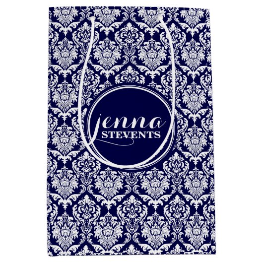 Monogramed Dark Blue & White Damkers 3 Medium Cadeauzakje (Voorkant)