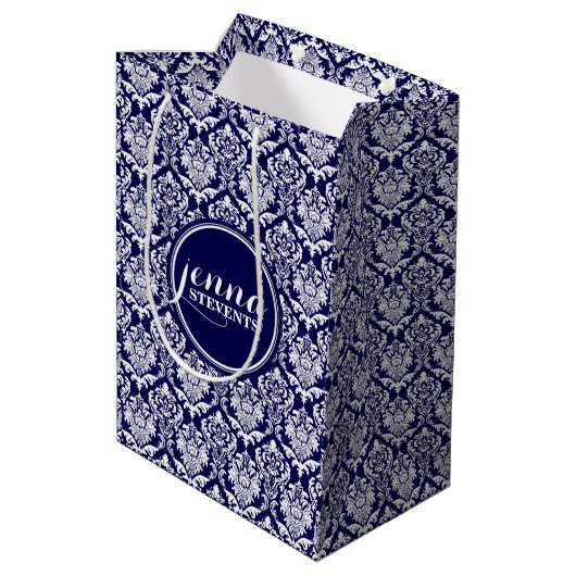 Monogramed Dark Blue & White Damkers 3 Medium Cadeauzakje (Achterkant Gekanteld)