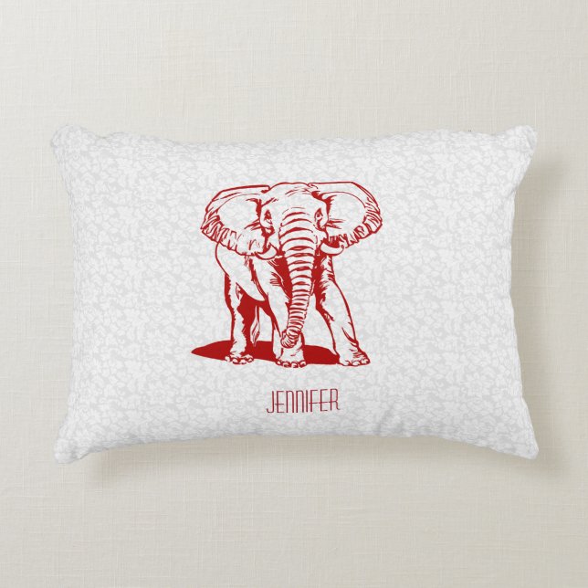 Monogramed Dark Red Elephant Line Tekening Accent Kussen (Voorkant)