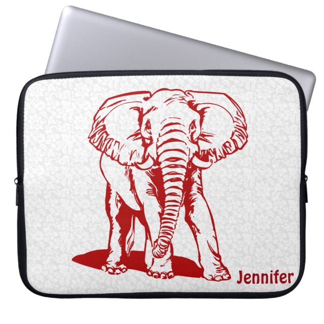 Monogramed Dark Red Elephant Line Tekening Laptop Sleeve (Voorkant)