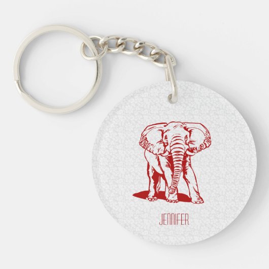 Monogramed Dark Red Elephant Line Tekening Sleutelhanger (Voorkant)