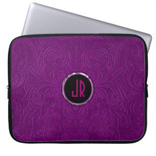 Monogramed Deep Paars Suede Leather Floral Design Laptop Sleeve