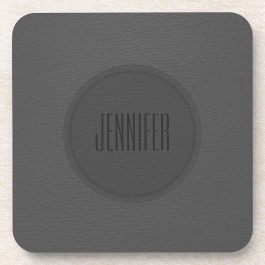 Monogramed donkergrijze lederen textuur onderzetter (Voorkant)