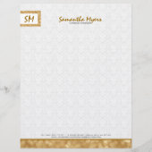 Monogramed Eenvoudig Goud Glitter Wit Damasks Gepersonaliseerd Briefhoofd (Voorkant)
