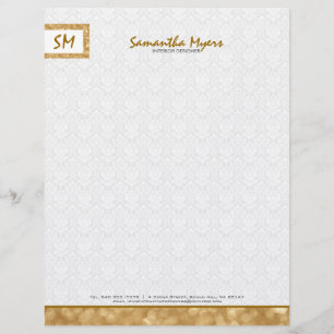 Monogramed Eenvoudig Goud Glitter Wit Damasks Gepersonaliseerd Briefhoofd