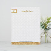 Monogramed Eenvoudig Goud Glitter Wit Damasks Gepersonaliseerd Briefhoofd (Staand voorkant)