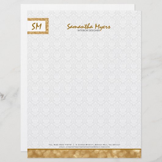 Monogramed Eenvoudig Goud Glitter Wit Damasks Gepersonaliseerd Briefhoofd (Voorkant / Achterkant)