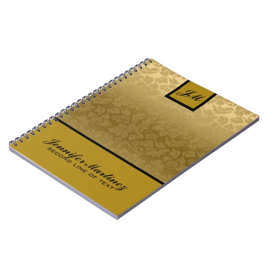 Monogramed Elegant Goud Monotonen Damast Patroon Notitieboek (Linkerzijde)