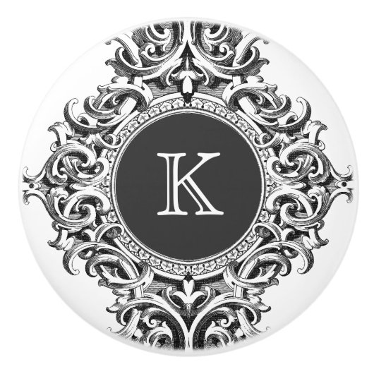 Monogramed Elegant Grijs Bloemen Ornament Keramische Knop (Voorkant)