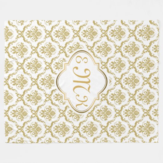 Monogramed Elegant Wit & Goud Bloemen Damasks Fleece Deken (Voorkant (Horizontaal))