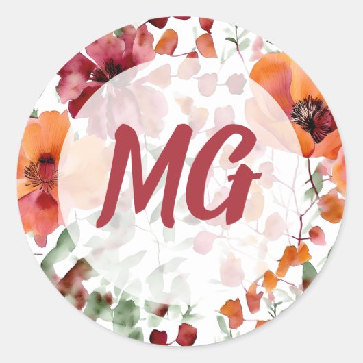 Monogramed Fall Floral  Ronde Sticker (Voorkant)