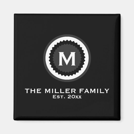 Monogramed Familienaam & Datum | Zwart Magneet (Voorkant)