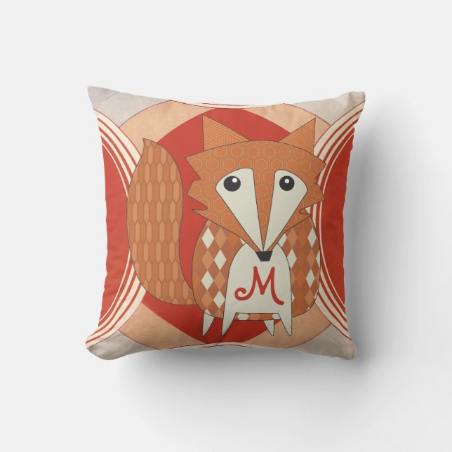 Monogramed gestyliseerd Retro Oranje Red Fox Pillo Kussen (Voorkant)