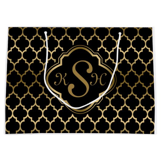 Monogramed Gold & Black Quatrefoil Pattern Large Cadeautasje (Voorkant)