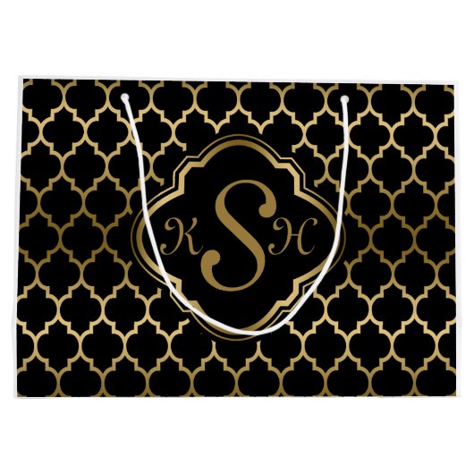 Monogramed Gold & Black Quatrefoil Pattern Large Cadeautasje (Achterkant)