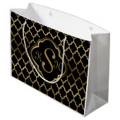 Monogramed Gold & Black Quatrefoil Pattern Large Cadeautasje (Achterkant Gekanteld)