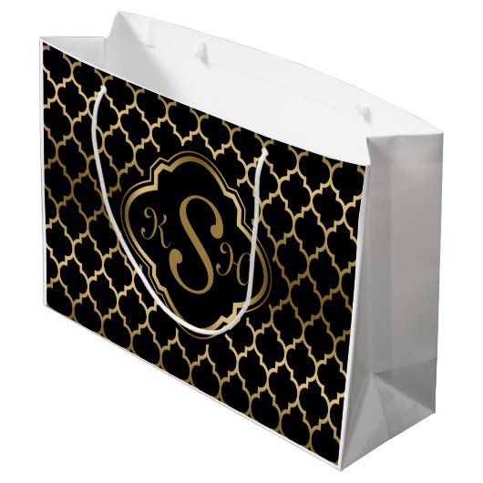 Monogramed Gold & Black Quatrefoil Pattern Large Cadeautasje (Achterkant Gekanteld)