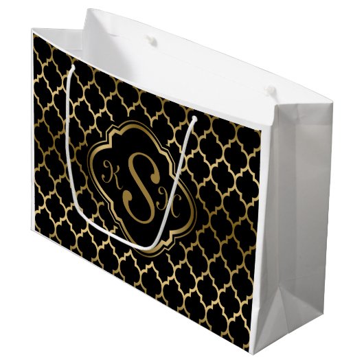 Monogramed Gold & Black Quatrefoil Pattern Large Cadeautasje (Voorkant Gekanteld)