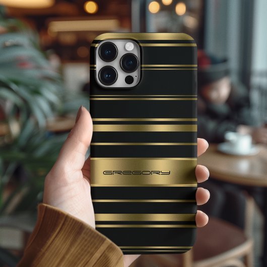 Monogramed Gold & Black Stripes Pattern Case-Mate iPhone Case