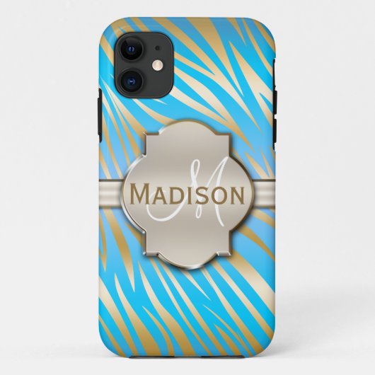 Monogramed Gold Blue Zebra Print Pattern Case-Mate iPhone Case (Achterkant)