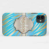 Monogramed Gold Blue Zebra Print Pattern Case-Mate iPhone Case (Achterkant (horizontaal))