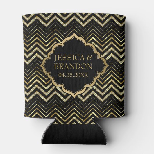 Monogramed Gold Glitter & Zigzag Chevron Pattern Blikjeskoeler (Achterkant)