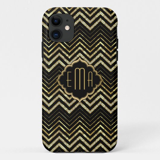 Monogramed Gold Glitter Zigzag Chevron Pattern Case-Mate iPhone Case (Achterkant)