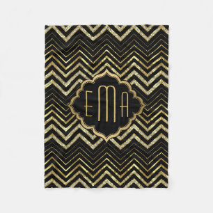 Monogramed Gold Glitter & Zigzag Chevron Pattern Fleece Deken