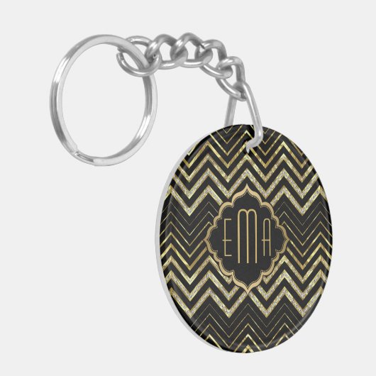 Monogramed Gold Glitter & Zigzag Chevron Pattern Sleutelhanger (Voorkant Links)