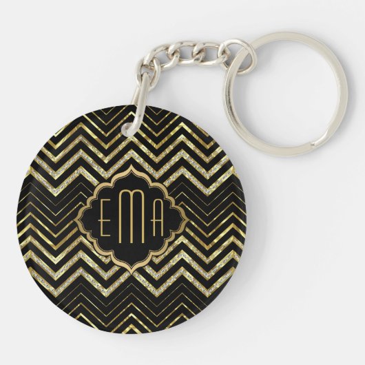 Monogramed Gold Glitter & Zigzag Chevron Pattern Sleutelhanger (Achterkant)