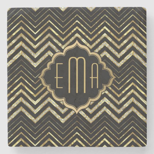 Monogramed Gold Glitter & Zigzag Chevron Pattern Stenen Onderzetter (Voorkant)