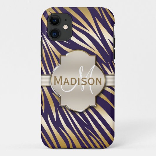 Monogramed Gold Paarse Zebra Print Pattern Case-Mate iPhone Case (Achterkant)