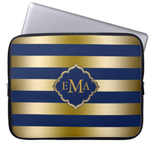 Monogramed Gold Tones & Dak Blue Stripes Pattern Laptop Sleeve