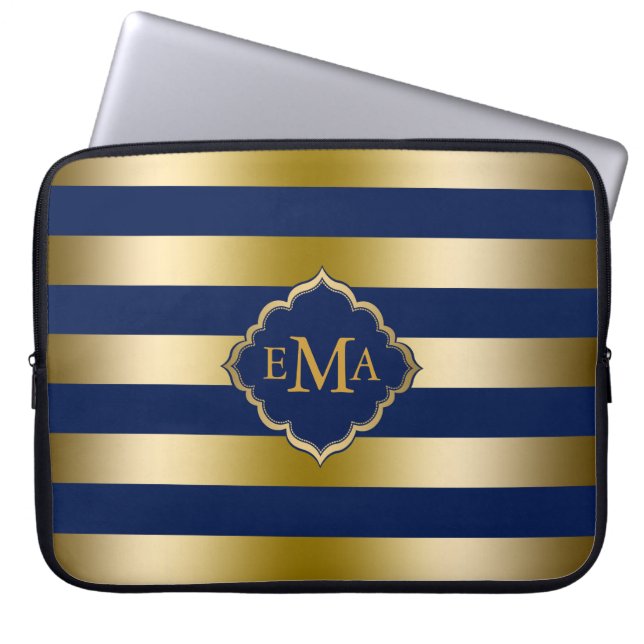 Monogramed Gold Tones & Dak Blue Stripes Pattern Laptop Sleeve (Voorkant)