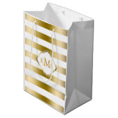 Monogramed Gold Tones & White Stripes Pattern Medium Cadeauzakje (Voorkant Gekanteld)