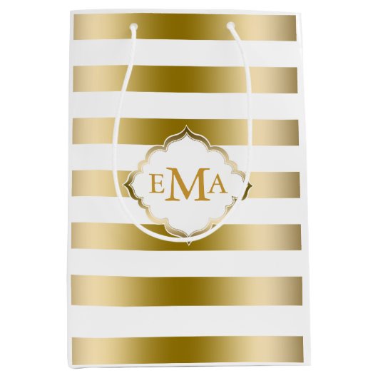 Monogramed Gold Tones & White Stripes Pattern Medium Cadeauzakje (Voorkant)