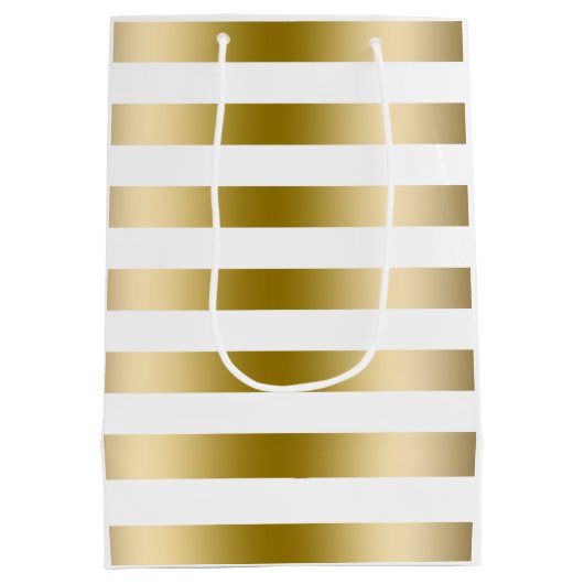 Monogramed Gold Tones & White Stripes Pattern Medium Cadeauzakje (Achterkant)