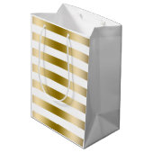 Monogramed Gold Tones & White Stripes Pattern Medium Cadeauzakje (Achterkant Gekanteld)