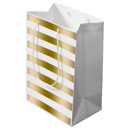 Monogramed Gold Tones & White Stripes Pattern Medium Cadeauzakje (Achterkant Gekanteld)