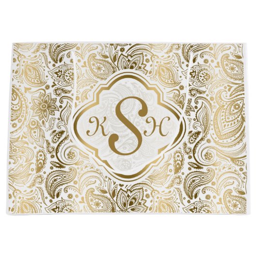 Monogramed Gold & White Paisley Pattern Groot Cadeauzakje (Voorkant)