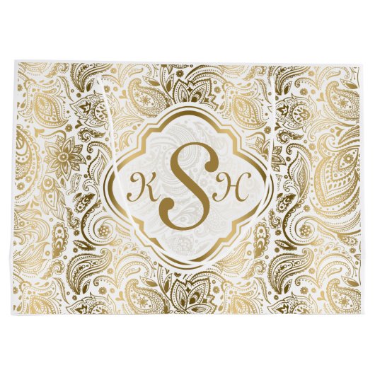 Monogramed Gold & White  Paisley Pattern Groot Cadeauzakje (Achterkant)