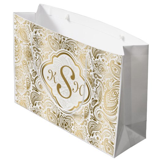 Monogramed Gold & White  Paisley Pattern Groot Cadeauzakje (Achterkant Gekanteld)