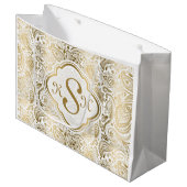 Monogramed Gold & White  Paisley Pattern Groot Cadeauzakje (Voorkant Gekanteld)