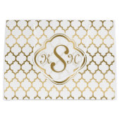 Monogramed Gold & White Quatrefoil Pattern Large Cadeautasje (Voorkant)