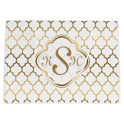 Monogramed Gold & White Quatrefoil Pattern Large Cadeautasje (Voorkant)
