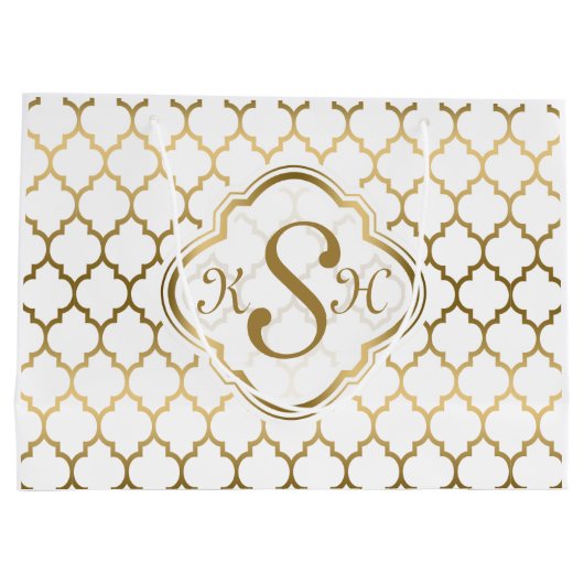 Monogramed Gold & White Quatrefoil Pattern Large Cadeautasje (Achterkant)