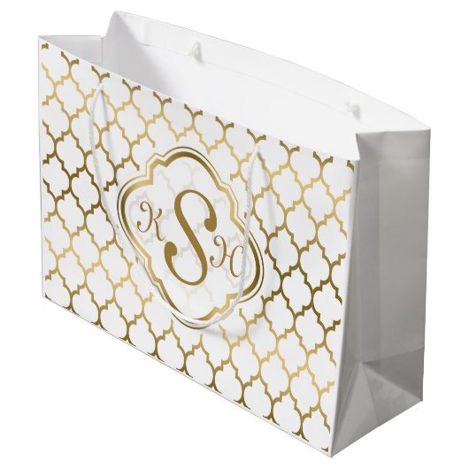 Monogramed Gold & White Quatrefoil Pattern Large Cadeautasje (Achterkant Gekanteld)